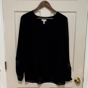 Calvin Klein Black Chiffon Blouse with Blouson Sleeve Lace Detail Size Medium